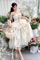 Bouquets de printemps Off White Romantique Volants Broderie Nœud Papillon Maille Sweet Lolita Jsk Robe